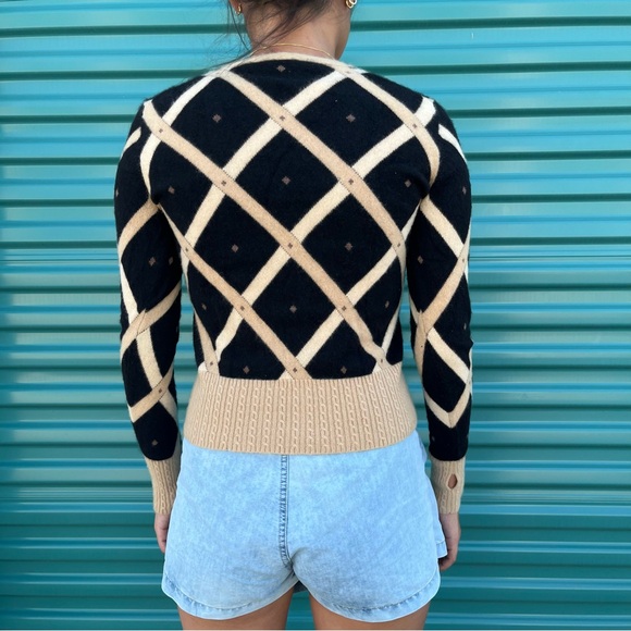 CASHMERE CARDIGAN INTARSIA BLACK/BONE/BEIGE size Small - Picture 2 of 7